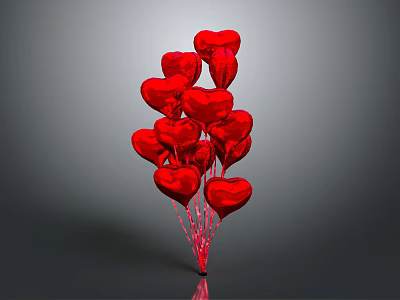 Red Heart Shaped Balloons Bouquet Decorative Arrangement Against Gray Background 3d model