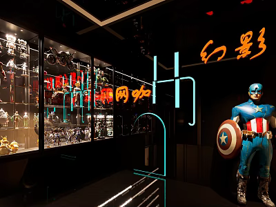 Modern Internet Cafe Interior With Display Cabinets Collectible Models Neon Lights And Captain America Statue 3d model