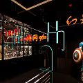 Modern Internet Cafe Interior With Display Cabinets Collectible Models Neon Lights And Captain America Statue