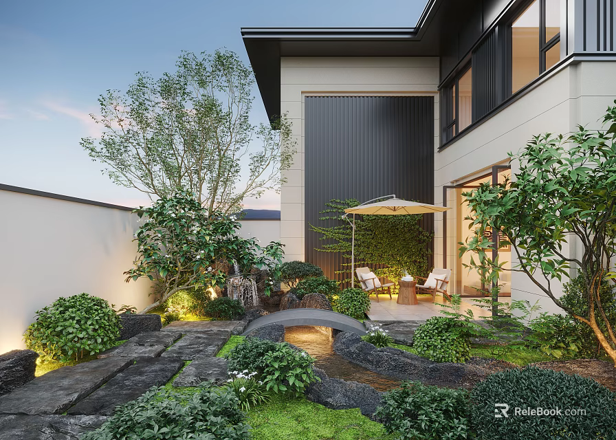 Modern Courtyard Garden Design With Lush Plants Stone Path Small Waterfall And Outdoor Seating 3d model 