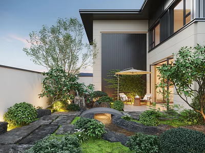 Modern Courtyard Garden Design With Lush Plants Stone Path Small Waterfall And Outdoor Seating 3d model