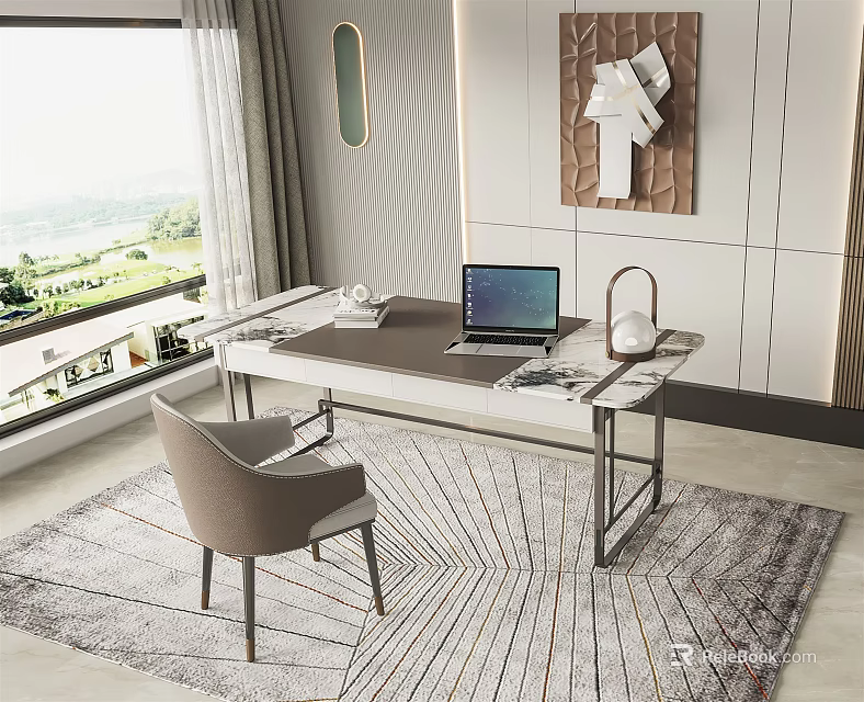 Modern Desk Interior Design With Laptop Chair Scenic Window View And Rug 3d model 