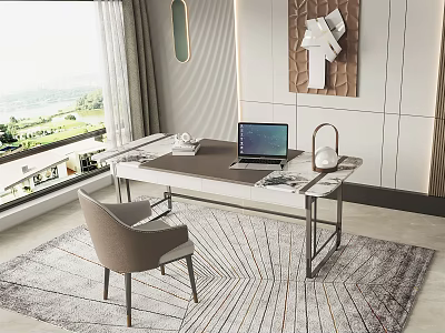 Modern Desk Interior Design With Laptop Chair Scenic Window View And Rug 3d model