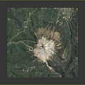 Scenic Green Mountainous Landscape 3D Terrain With Central White Volcanic Crater And Winding Rivers