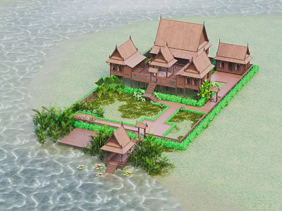 Traditional Waterfront Building With Multiple Steep Roofs Lush Greenery And Water Surroundings 3d model
