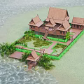 Traditional Waterfront Building With Multiple Steep Roofs Lush Greenery And Water Surroundings