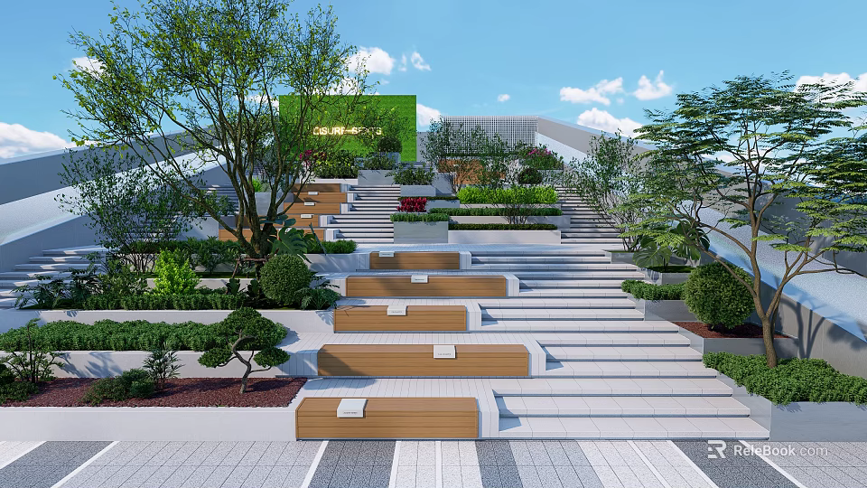 Modern Commercial Landscape With Tiered Steps Wooden Benches Greenery And Contemporary Building 3d model 