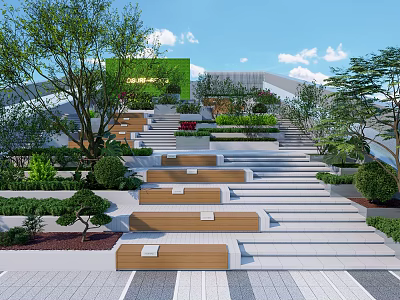 Modern Commercial Landscape With Tiered Steps Wooden Benches Greenery And Contemporary Building 3d model