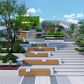 Modern Commercial Landscape With Tiered Steps Wooden Benches Greenery And Contemporary Building