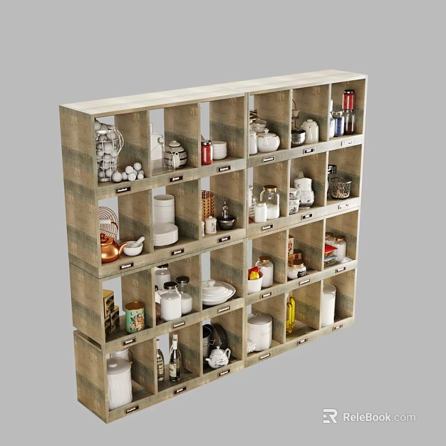 Multi Tiered Wooden Shelf Displaying Various Dinnerware Set Including Bowls Plates Cups And Bottles 3d model 