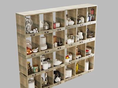 Multi Tiered Wooden Shelf Displaying Various Dinnerware Set Including Bowls Plates Cups And Bottles 3d model