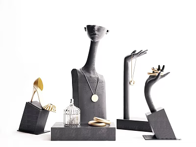 Modern Jewelry Display With Black Mannequin Heads Hands Necklaces And Rings 3d model