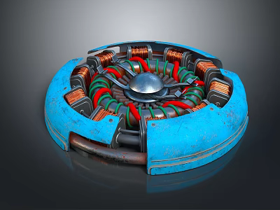 Blue Circular Mechanical Device with Red Green Coils and Central Silver Metal Components 3d model