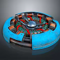 Blue Circular Mechanical Device with Red Green Coils and Central Silver Metal Components 3d model