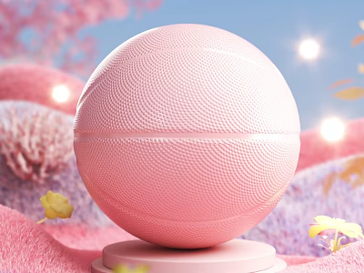 Pink Basketball With Textured Surface On Pedestal Amid Pastel Decor And Soft Lighting 3d model