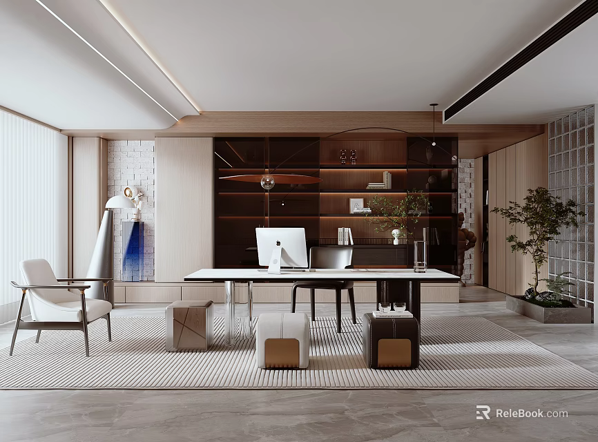 Modern Study Room Interior Design With Writing Desk Computer Chair And Green Plant 3d model 