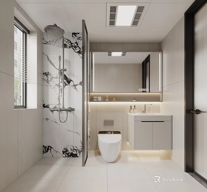 Modern Bathroom Interior With Patterned Shower Tiles White Toilet Vanity Mirror And Recessed Lighting 3d model 