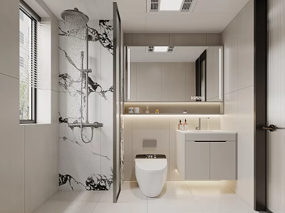 Modern Bathroom Interior With Patterned Shower Tiles White Toilet Vanity Mirror And Recessed Lighting 3d model