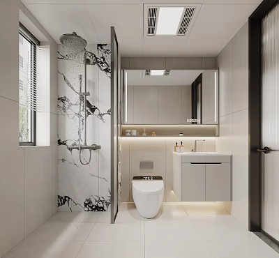Modern Bathroom Interior With Patterned Shower Tiles White Toilet Vanity Mirror And Recessed Lighting 3d model