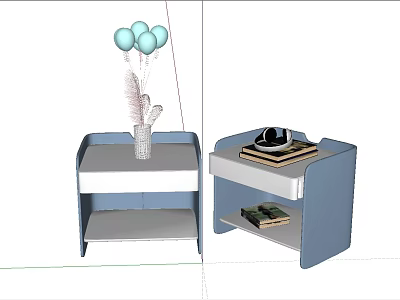 Modern Bedside Table With Vase Balloons Hat And Stacked Books On Shelf 3d model