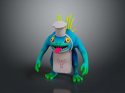 Blue Monster Chef Character With White Hat Holding Red CHEF Sign 3d model
