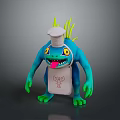 Blue Monster Chef Character With White Hat Holding Red CHEF Sign