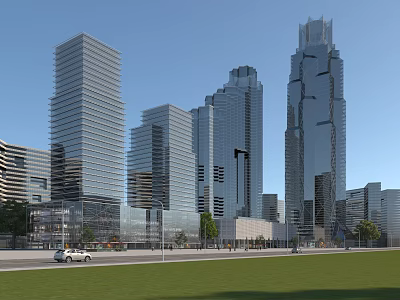 Modern Office Skyscrapers with Glass Curtain Walls in Urban Complex Near Greenery Road and Cars 3d model