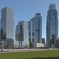 Modern Office Skyscrapers with Glass Curtain Walls in Urban Complex Near Greenery Road and Cars