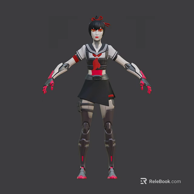 Game Movie Character With Red And Black Outfit Mechanical Arms And Legs Combat Ready Design 3d model 