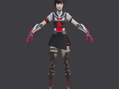Game Movie Character With Red And Black Outfit Mechanical Arms And Legs Combat Ready Design 3d model