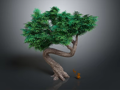 Curved Trunk Tree With Lush Green Leaves And Small Squirrel Next To It 3d model