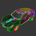 Black Sports Car with Colorful Neon Effects Intricate Patterns Illuminated Wheels and Dark Background Reflections