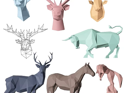 Colorful Geometric Low Poly Animal Wall Decorations Deer Cow Horse Home Decor Accents 3d model