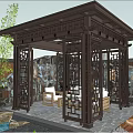 Traditional Chinese Outdoor Pavilion With Carved Wooden Panels Sofa Coffee Table And Green Plants