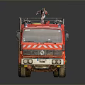 Red Emergency Fire Truck With Ladder And Rescue Equipment On Gray Background