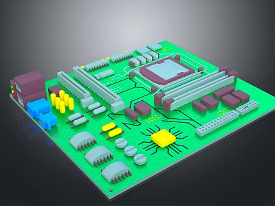 Detailed Green Electronic Circuit Board With Chips Capacitors Resistors And Connectors 3d model
