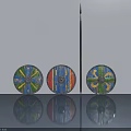 Hinged Door With Three Colorful Decorative Shields On Gray Wall And Reflective Floor
