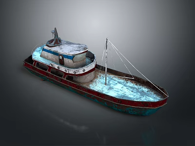 Weathered Old Boat With Red Blue Hull Mast And Deck Equipment 3d model