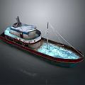 Weathered Old Boat With Red Blue Hull Mast And Deck Equipment