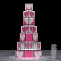 Transparent Cube Stacked Tower Art Installation With Pink Heart Patterns And Silver Device Purple Light