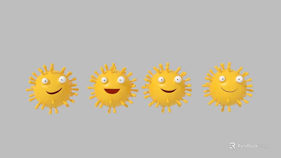 Four Yellow Virus Characters With Smiling Faces And Different Expressions On Gray Background 3d model 