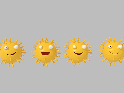 Four Yellow Virus Characters With Smiling Faces And Different Expressions On Gray Background 3d model