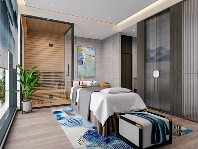 SPA Sauna Interior Design With Wooden Sauna Room Massage Bed Green Plant And Decorative Rug 3d model