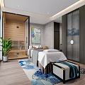 SPA Sauna Interior Design With Wooden Sauna Room Massage Bed Green Plant And Decorative Rug