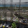 Elegant Restaurant With Round White Tablecloth Dining Table Curved Booths Plants And City Night View