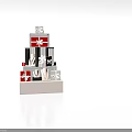 Multi Tiered Display Shelf With Red And White Gift Boxes And Decorative Ornaments