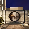 Garden Landscape Design For Evening Terrace With Dining Umbrella And Building Lighting