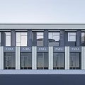 Modern Commercial Street Building With White Grey Facade Large Glass Windows And Sunshade Structure