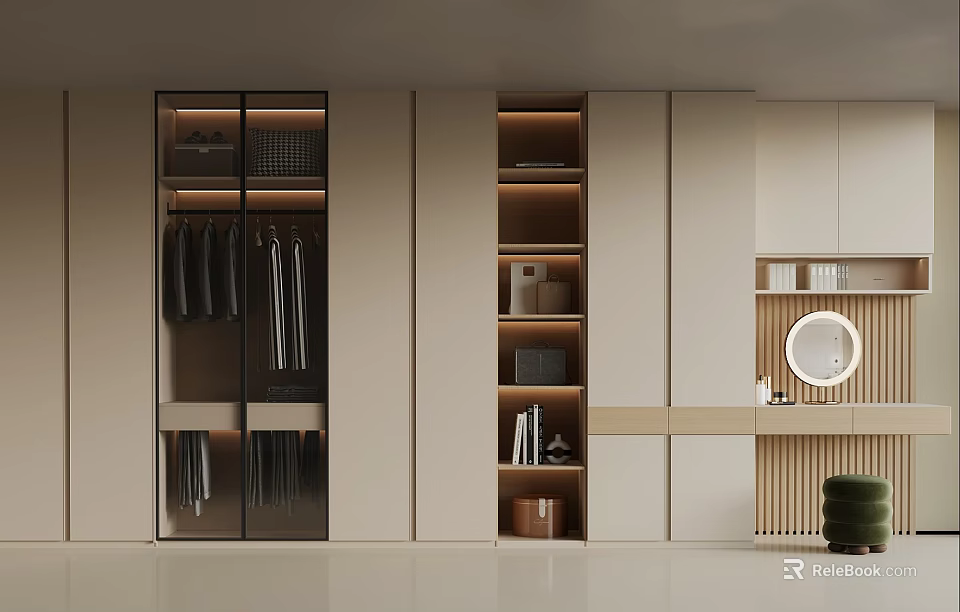 Modern Beige Wardrobe With Glass Doors Open Storage And Round Mirror 3d model 