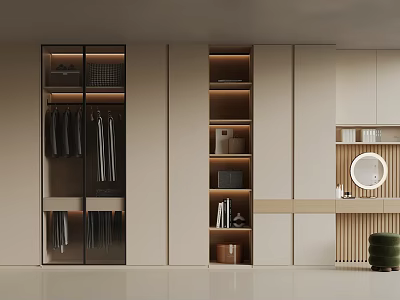 Modern Beige Wardrobe With Glass Doors Open Storage And Round Mirror 3d model